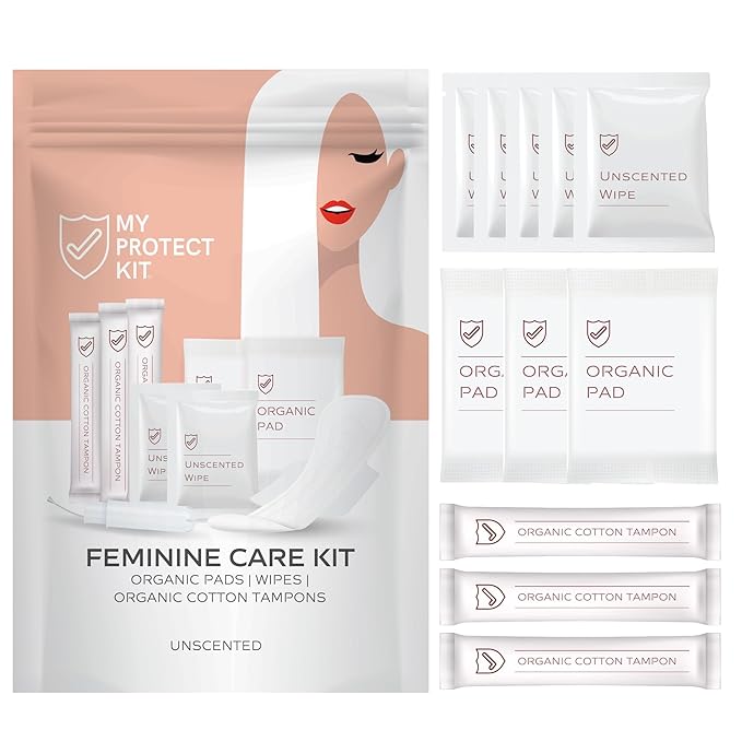 MY PROTECT KIT Feminine Care Kit - 11 Pieces First Period Kit, Compact Hygiene Set for Women, Essentials with Organic Cotton Tampons, Organic Pads & Wipes, Pack of 1