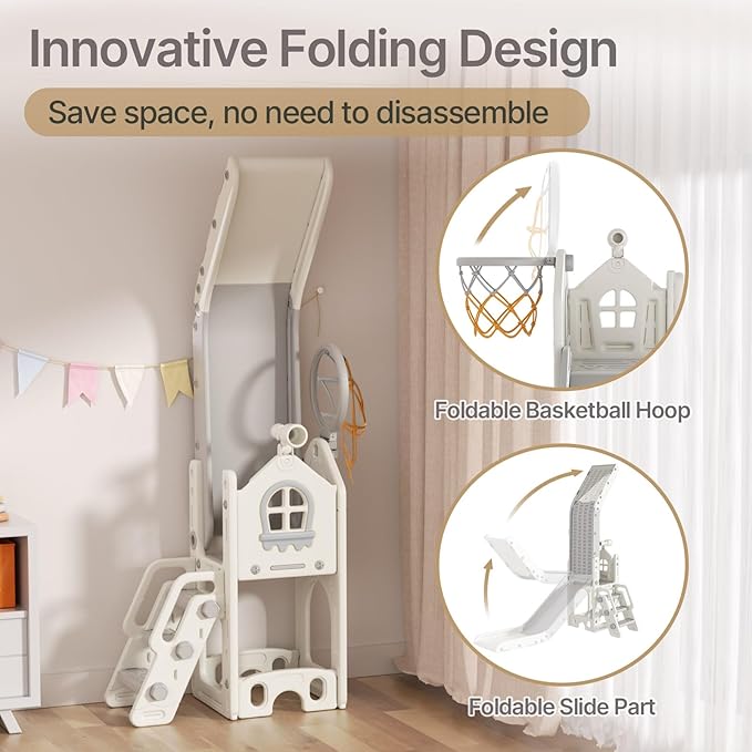 BIERUM 6 in 1 Toddler Slide - L-Shaped Baby Slide for Toddlers Aged 1-3 with Basketball Hoop, Telescope Toy and Anti-Slip Pads, Indoor Outdoor Toddler Playset, White Gray