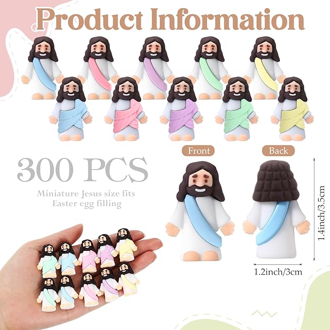 Bememo 300 Pcs Little Jesus Figures Bulk Original Design Mini Pocket Jesus Toys Rubber Figurine to Hide and Seek Religious Party Favors Sunday School Craft Baptism Gifts(Macaron Color)
