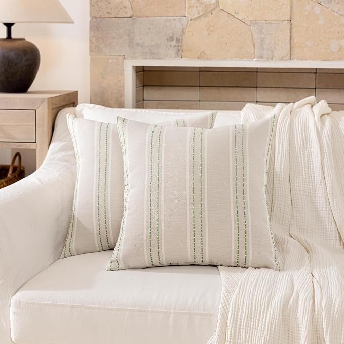 Hckot Stripe Throw Pillow Covers 24x24 Set of 2 Light Green Pillow Covers | Large Farmhouse Decorative Pillows Textured Linen Square Cushion Covers for Sofa Couch Bed Living Room Decor