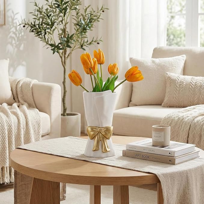 Relexome Fully Glazed White Ceramic Gold Bow Vase 9.64 in Unique Cute Modern Decorative Bouquet Flower Vases for Home Living Room Table Mother's Day Decor Women Gifts