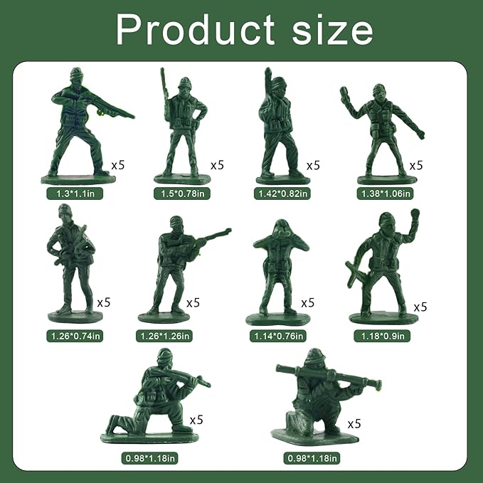 Army Men Toy Soldiers Set 50pcs Green Soldier Action Figures Army Men Playset Plastic Military Toys for Boys Birthday Gift Christmas Holiday Stocking Stuffers Party Favors School Projects Diorama