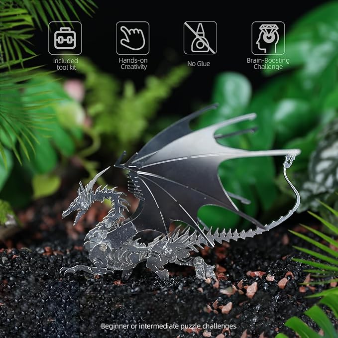 Mythical Fire Dragon 3D Metal Puzzle Model for Adults, Dragon DIY Building Model Kit, Fantasy Wyvern Creature Figurine for Gamers or Desk Metal Decor