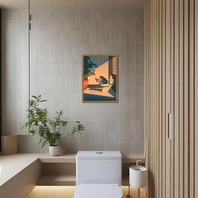 Funny Frog Bathroom Wall Art, Cute Japanese Frog in Toilet Wall Decor, Whimsical Green Animal Restroom Poster Canvas Painting Prints Artwork 12x16 inch Framed