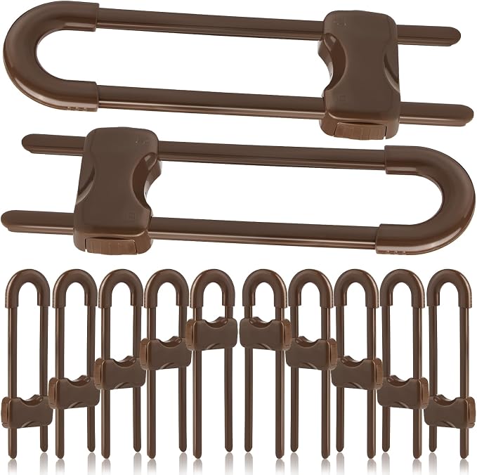 10 Pcs Sliding Cabinet Latches, U Shaped Cabinet Door Locks, Baby Cabinet Safety Latches for Baby Proofing, No Drilling Tool-Free Installation Easy to Use for Knobs or Handle Double Door (Brown)