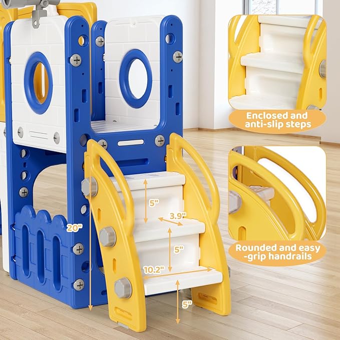 Arlopu 9 in 1 Toddler Slide Set, Kids Large Climber Slide Playset w/Long Slope, Telescope, Storage Space, Enclosed Steps, Indoor Outdoor Playground (Yellow & Blue)