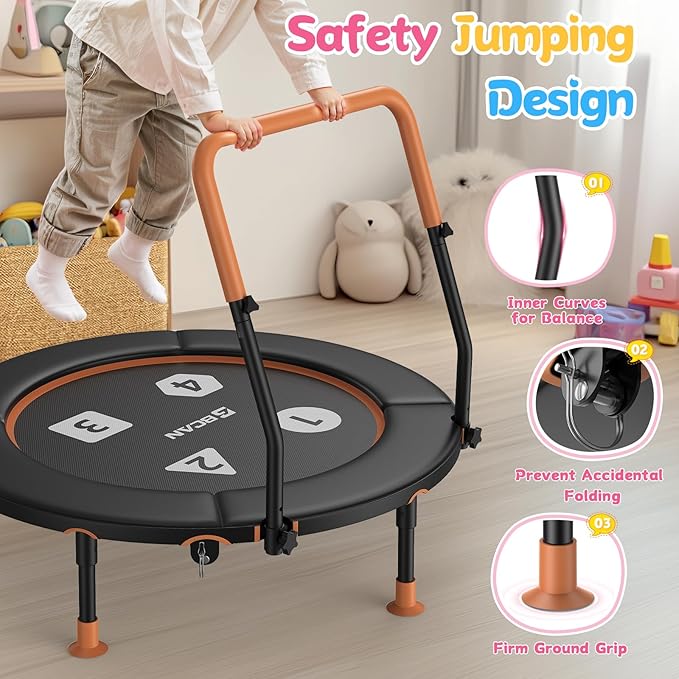 BCAN BT1 36'' Toddler Trampoline, ASTM Certified-Foldable Mini Trampolines for Kids Ages 1-6, Adjustable Handle, Safety Pad & Foldable Legs, Baby Trampoline Indoor/Garden, Gift for Boy and Girl