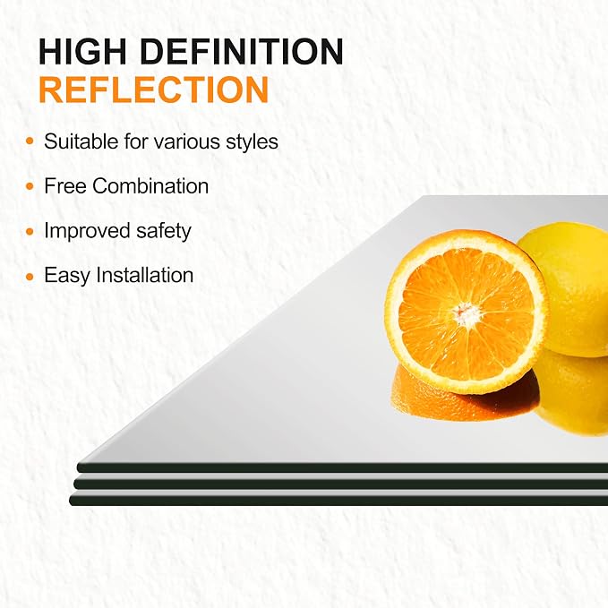 Delma Frameless Mirror Tiles 16"x12"x8 Pcs Wall Mounted | Shatter Resistant, Full Length, Tempered Glass Panels, For Home Gym Bathroom Bedroom & Living Room Decor