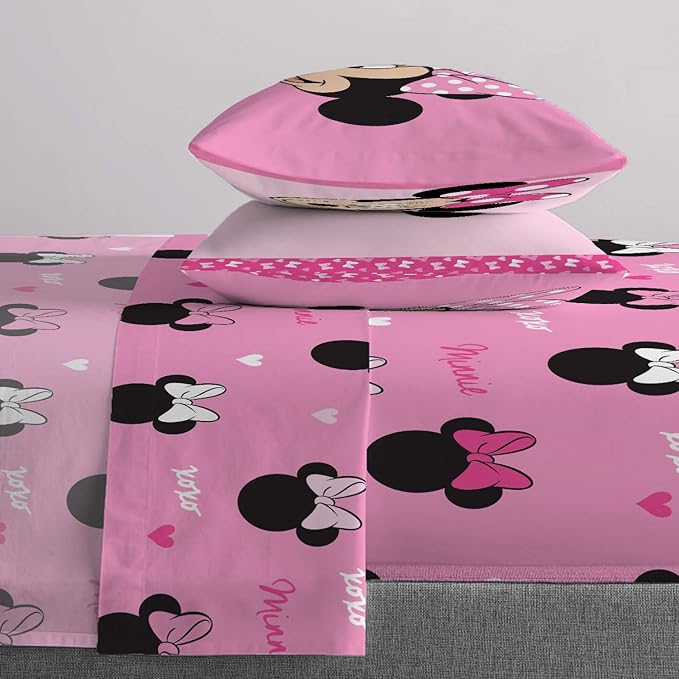 Jay Franco Kids Sheet Set with Fitted, Flat Sheets & Pillow Cover - Ultra-Soft Bedding with Pillowcase for Room Decor, Pink - Minnie Mouse, 4 Piece Full