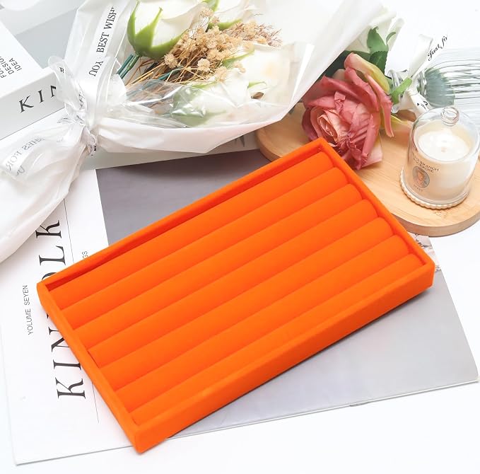 Velvet Jewelry Trays for Drawers, Orange 8 Rolls | Stackable Jewelry Drawer Organizer Inserts, Ring Earring Holder Organizer Storage Display Tray