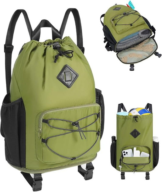 WANDF Drawstring Backpack with Removable Wet Pocket, Sandproof Beach Backpack with Bottom Compression Strap for Beach Mat, Swim Bag for Pool, Gym, Travel and Workout Gear (Dark Green)