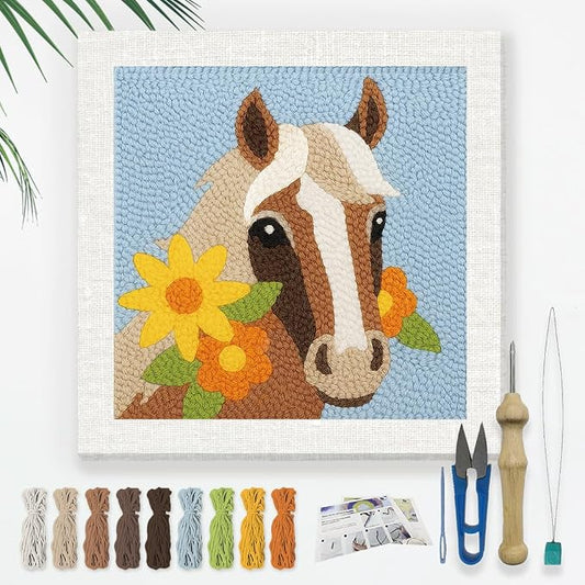 Doodlream Brown Horse DIY Punch Needle Embroidery Kit for Adult Beginner, 9.4" Horse Head Animal Punch Stitching Craft Set for Starter with Frame,Fabric Pattern,Threader, Yarn, Pinch Needle