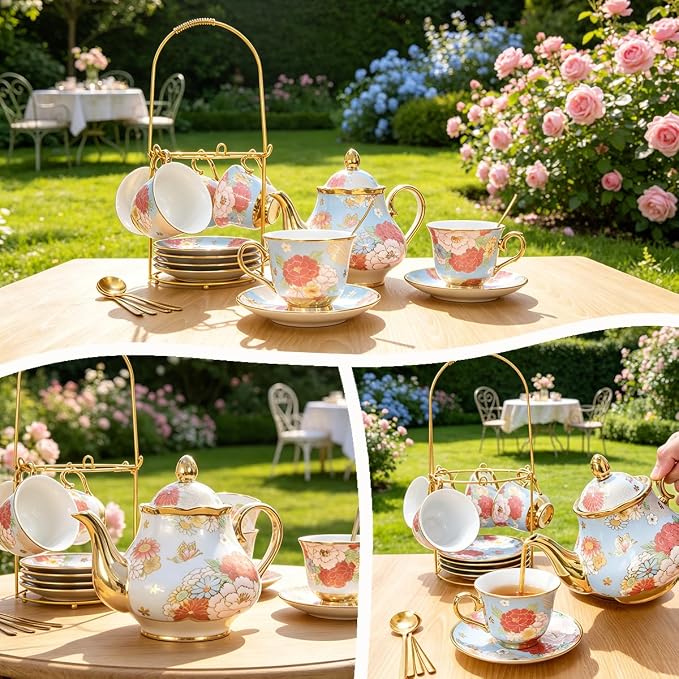 CHANJOON Gold Plated Red Rose Ceramic Tea Set, Vintage Tea Sets with Teapot, Beautiful Tea Set Coffee Serving 6 People (Green, X Large)