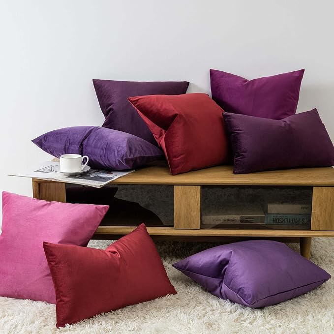 JUSPURBET 16x16 Velvet Throw Pillow Covers Set of 2,Eggplant Purple | Modern Decorative Soft Cushion Covers Cases with Hidden Zipper for Couch Sofa Bed Living Room Bedroom Home Decor