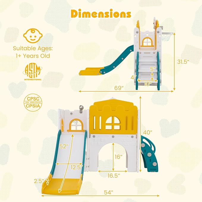 Costzon 9 in 1 Toddler Slide, Kids Slide and Climber Playset with Basketball Hoop, Telescope, Steering Wheel, Aisle, Tunnel & Storage Space, Baby Indoor Playground for Kids Aged 1+