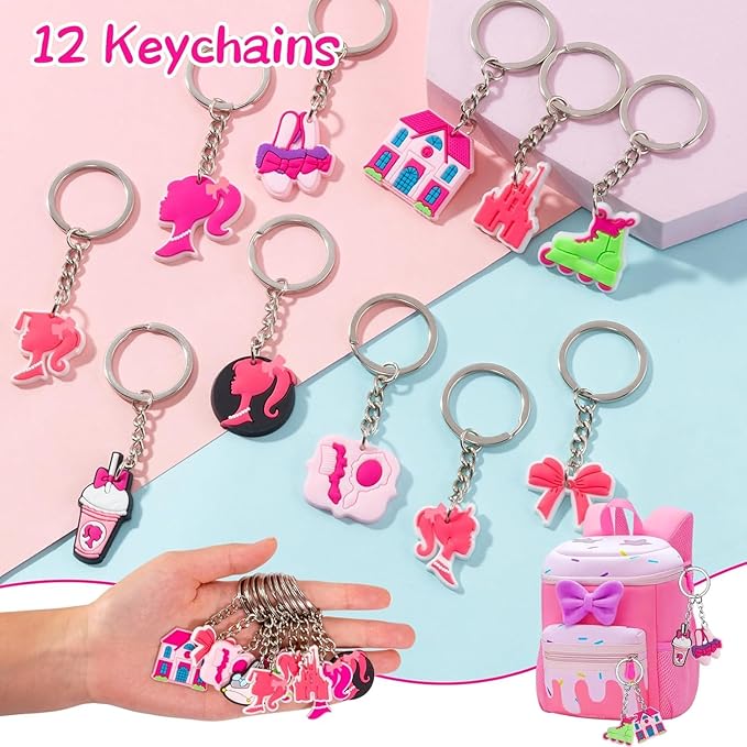 Pink Party Favors 98 Pc Princess Party 12 keychain, 12 Tattoo stickers, 12 bracelets, 12 Glass diamond ring, 50 stickers sheet for Girl Hot Pink Birthday Party Supplies