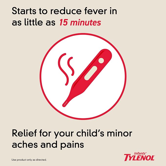 Infants’ Tylenol Oral Suspension Liquid Medicine with Acetaminophen, Baby Fever Reducer & Pain Reliever for Minor Aches & Pains, Sore Throat, Headache & Teething Pain, Dye-Free Apple Flavor, 2 fl. oz