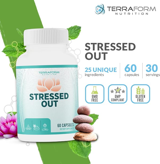 TerraForm Nutrition Stressed Out – Mental Focus & Relaxation Supplement – 60 Capsules – USA Made – 1 Month Supply