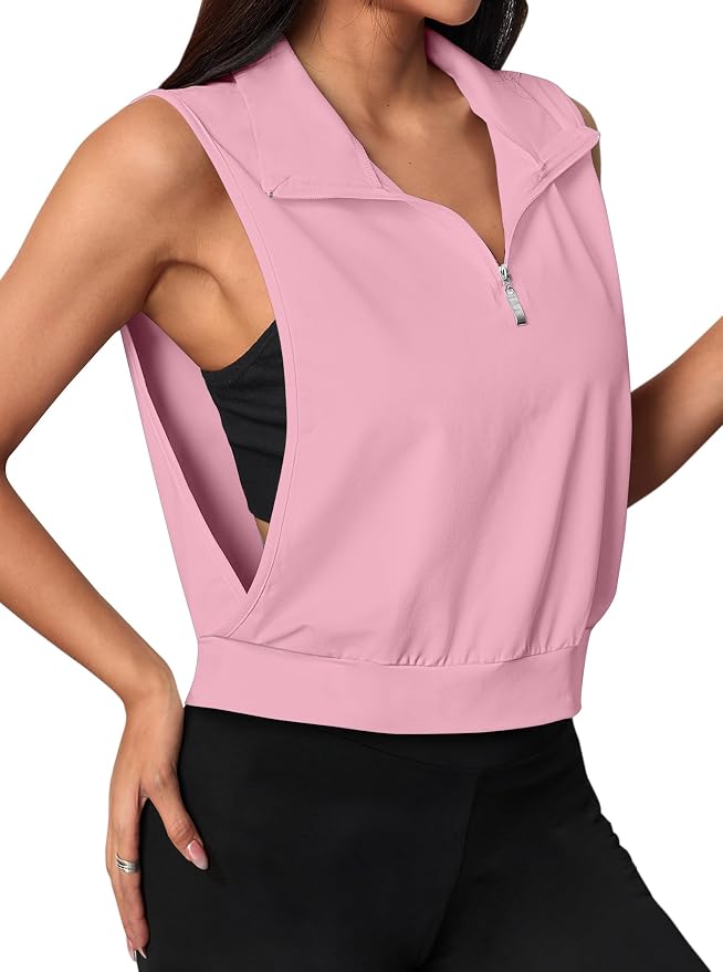 Avanova Women Sleeveless Golf Shirt 1/4 Zip Workout Tank Top | Open Side, Polo Collared, V Neck, Cropped Length, Golf Tops, Athletic, Relaxed Fit, Stretchy, Lightweight
