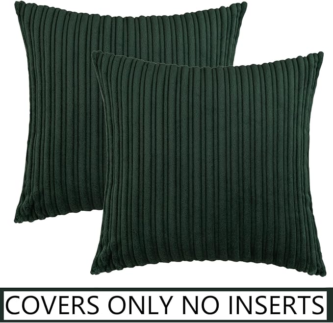 UGASA Velvet 20x20 Inch Soft Throw Pillow Covers Decorative Striped Corduroy Both Sides Solid Square Cushion Cases Boho Farmhouse for Couch Bedroom Sofa Home, Pack of 2, Dark Green