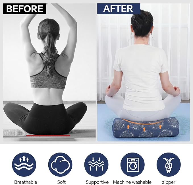 MABOZOO 2-Piece Yoga Bolster Pillow, Rectangular & Crescent Meditation Cushions with Removable Cover for Restorative Yoga, Meditation Accessories for Sitting on Floor