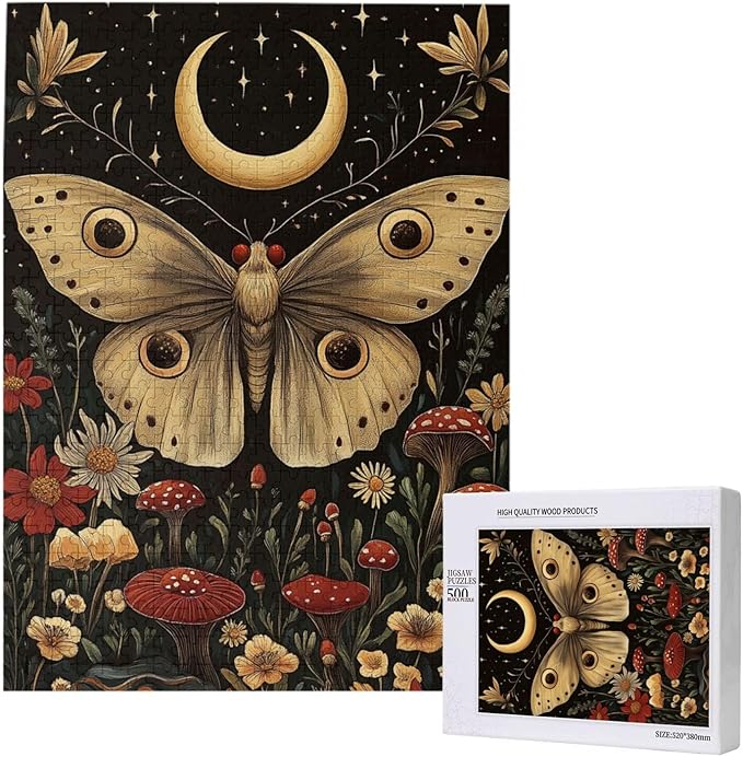 Cafemira 500 Pieces Jigsaw Puzzles for Adults,Golden Winged Moth & Floral Mystery Wall Decor,Great for Relaxation and Display,Every Piece is Unique,Exercise Hands on Skills and Thinking