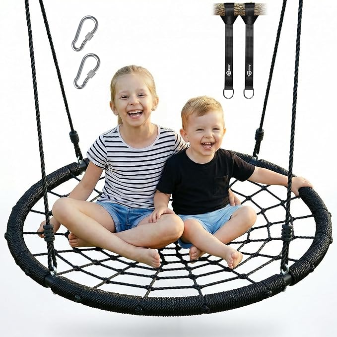 Trekassy 750lbs 40" Spider Web Saucer Tree Swing for Kids Adults, Outdoor Net Swing with Steel Frame and 2 Hanging Straps-Black