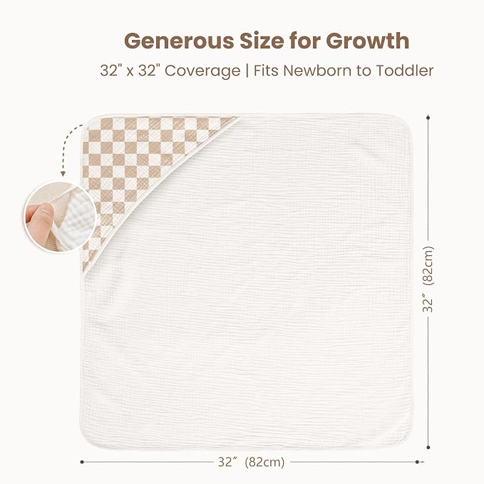 Konssy 2-Pack Muslin Hooded Baby Towels, 100% Cotton, Ultra-Soft & Absorbent Baby Bath Towels with Hood for Newborn & Infant (Coffee Check,Moon,32" x 32")