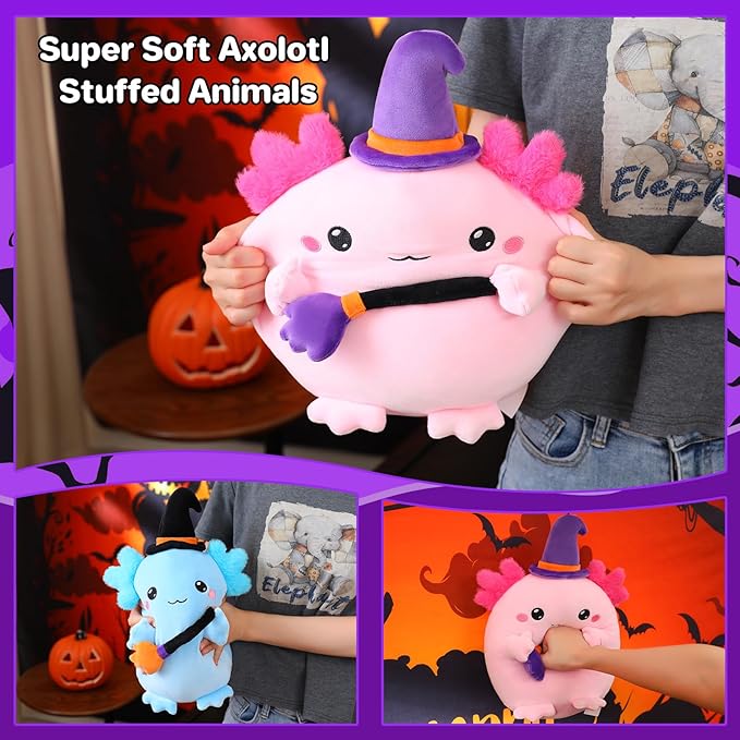 Halloween Axolotl Stuffed Animals, Axolotl Witch with Broom Stuffed Plush Halloween Party Gifts for Kids, Girls and Boys（Blue）