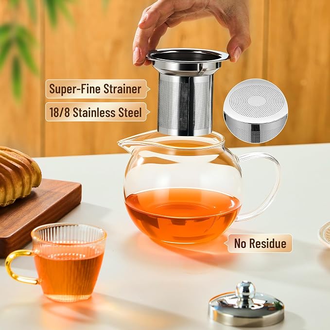 Baalaka Glass Teapot Stovetop 22 OZ/650ml, Tea pot with Removable 18/8 Stainless Steel Infuser, Borosilicate Clear Tea Kettle, Teapot Blooming and Loose Leaf Tea Maker Tea Brewer for Camping, Travel