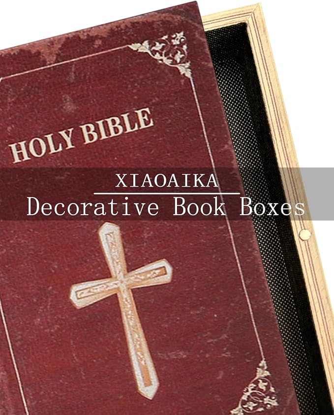 Wooden Book Box Set of 3 with Magnetic Closure and Classic Bible Design Leather Cover, Non-Woven Fabric Interior, Decorative Secret Storage for Bookshelves and Home Office