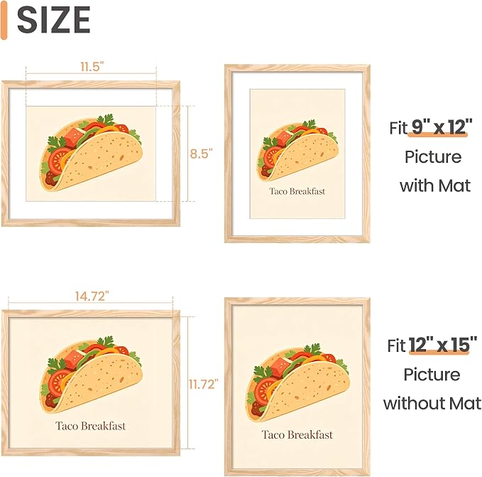 upsimples 12 x 15 Frame, Display Pictures 9x12 with Mat or 12x15 Without, Wall Hanging Photo Frame, Natural, 1 Pack