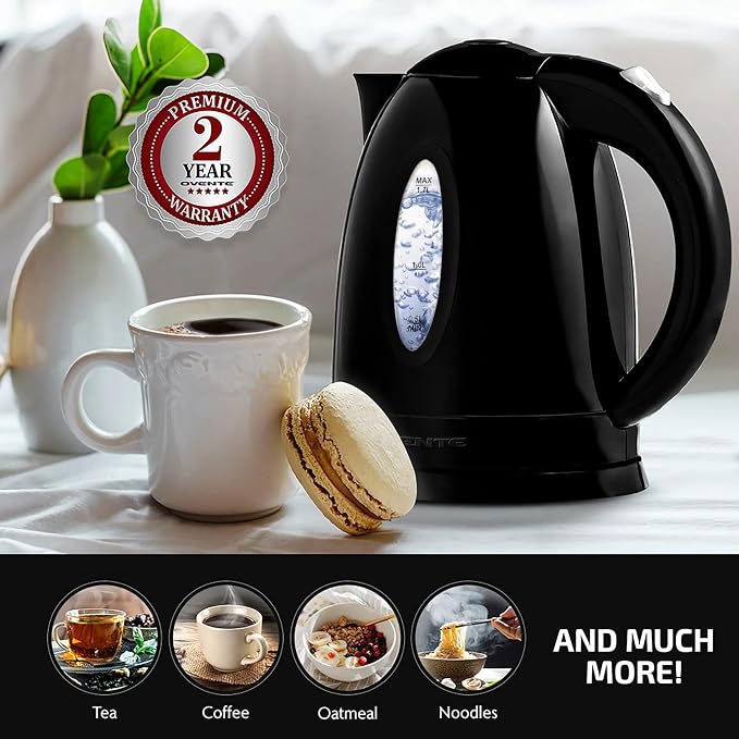 OVENTE Electric Kettle,1.7L Fast Boiling Water Heater for Coffee or Tea,BPA Free with Water Level Gauge,Auto Shut-Off,Boil-Dry Protection,Indicator Light and Removable Filter,Black KP72B,(Pack of 12)