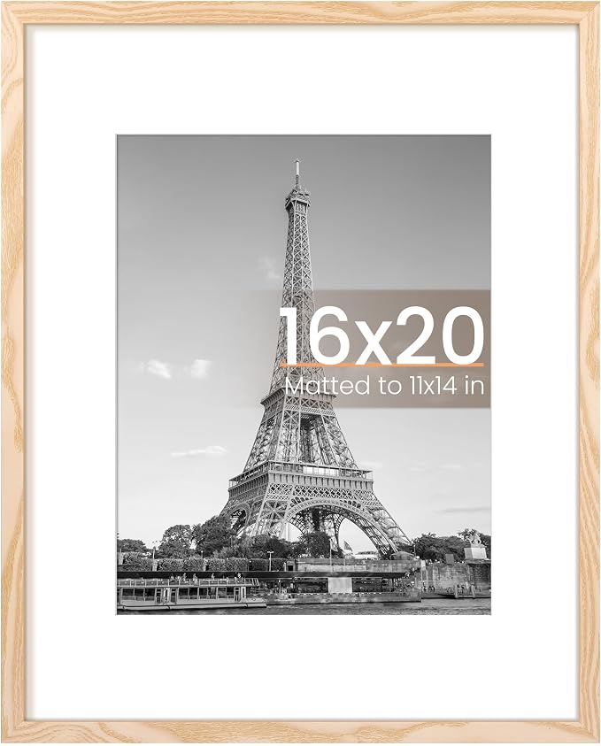 upsimples 16x20 Picture Frame, Display Pictures 11x14 with Mat or 16 x 20 Without, Wall Hanging Poster Frame, Natural Style, 1 Pack