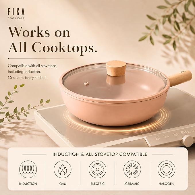 Neoflam FIKA 10-Inch Nonstick Stir Frying Wok with Glass Lid, Healthy Cooking Ceramic Coated Pan with Wood Handle, Induction Compatible for All Stovetops, Made in Korea (26cm)