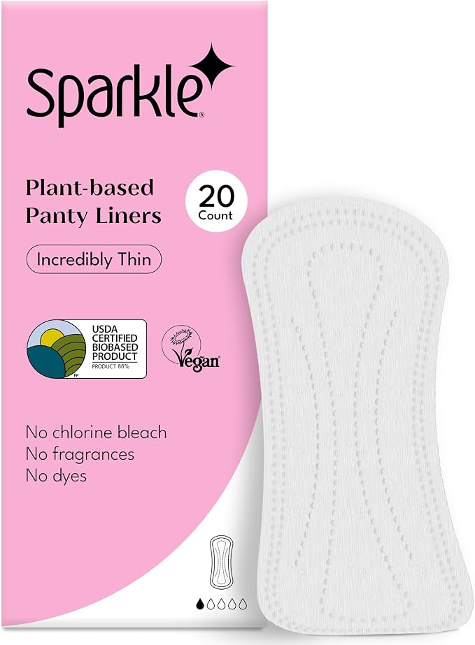 Sparkle Panty Liners for Women, Plant-Based Daily Pantiliners | Organic Panty Liner | Pads for Women | Softer Than Cotton Panty Liners |Unscented, Chlorine Free, Flexible (Incredibly Thin, 20 Count)