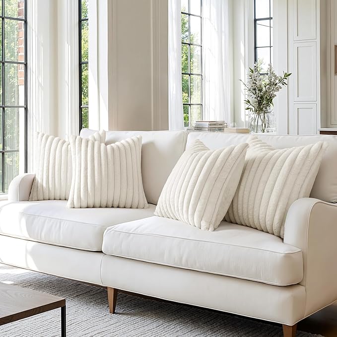 MIULEE Faux Fur Plush Decorative Throw Pillow Covers 20x20, Cream White | Set of 4, Striped, Soft Modern Cozy Home Decor, Cushion Cases for Sofa Couch Bed Living Room