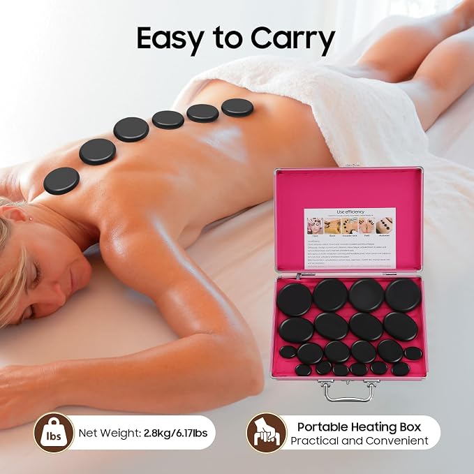 NICECHOOSE Hot Stones Massage Kit, 20Pcs Portable Smooth and Natural Basalt Hot Rocks Set Massage Stone Warmer with Heater Box for Spa Body Relaxing Massage Therapy