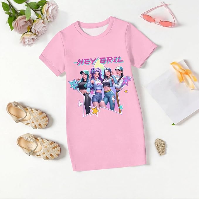 Girl's Anime K-POP Graphic Long Dress T-Shirt - Casual Loose Fit Short Sleeve Top