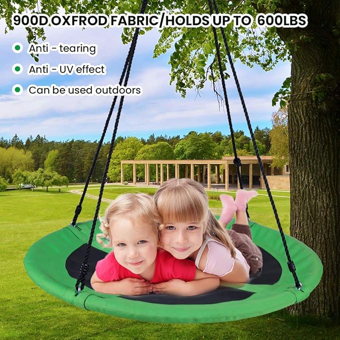 40 Inch Saucer Tree Swing for Kids, Outdoor Round Swing with Hanging Straps & Adjustable Ropes, Easy Assembly (Green)