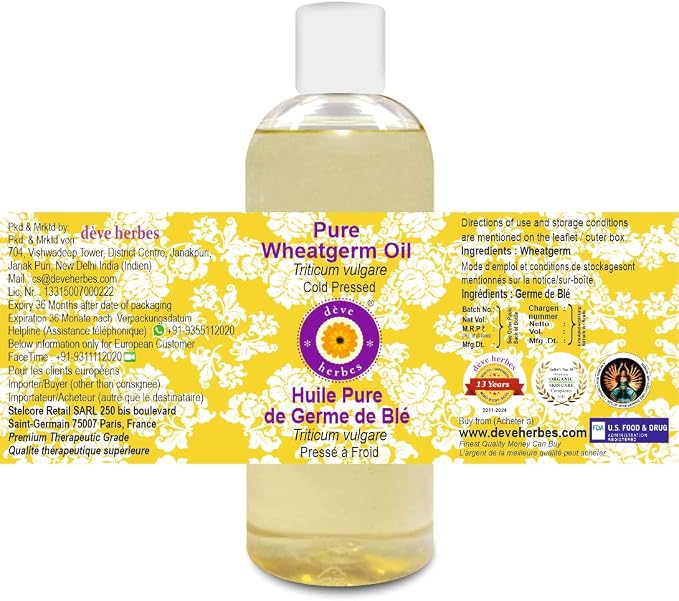 Deve Herbes Pure Wheatgerm Oil (Triticum vulgare) Cold Pressed 200ml (6.76 oz)
