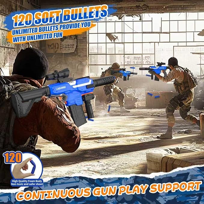 Automatic Toy Foam Blaster with Scope, Electric Toy Dart Blaster with 120 Foam Darts for Nerf, IR, Flashlight, Goggles, Air Pocket Technology Outdoor Shooting Game Kids Toys for 8-12-Blue