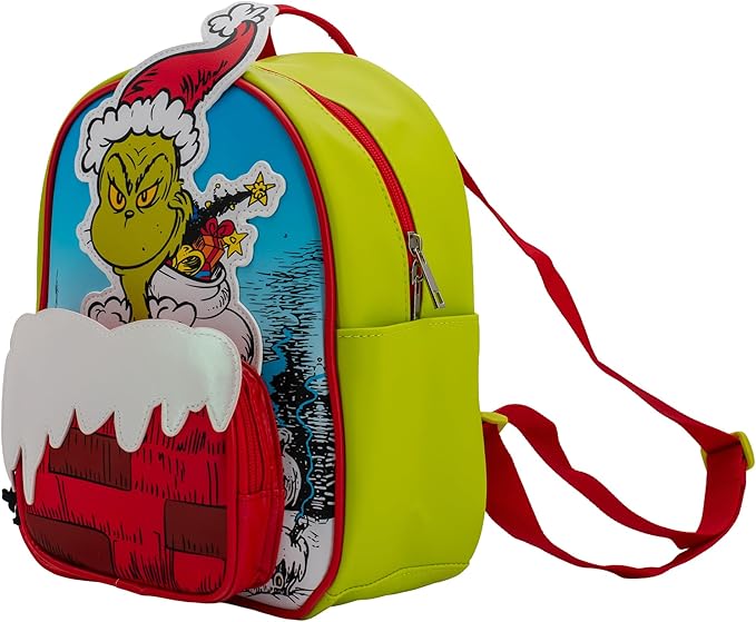 AI ACCESSORY INNOVATIONS The Grinch Mini Cosplay PU Backpack Purse, Shoulder Bag with Epoxy Filled Metal Max Charm, 10.5 Inch, Adjustable Straps, Faux Leather