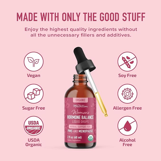 Hormone Balance Liquid Drops with Black Cohosh & Stinging Nettle, Vegan | With Red Raspberry Leaf Chasteberry & More, Menopause Hot Flash & PMS Menstrual Herbal Support Tincture, USDA Organic, 2oz