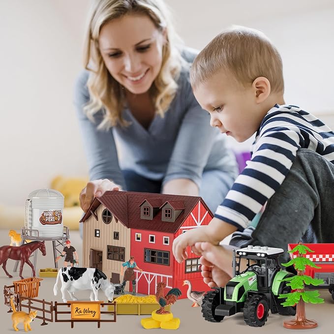 Farm Animal Toy Set with Red Barn, 33Pcs Farm Barn Playset for Kid Toddler 3-5 5-7 Year Old including Animal Figure Farmer Tractor and Farm Life Accessories Horse Cow Sheep Goose Duck Cat Dog