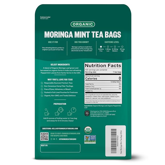 FGO Organic Moringa Mint Tea, 100 Count, Eco-Conscious Herbal Tea Bags, Resealable Bag, Caffeine Free, Packaging May Vary (Pack of 1)