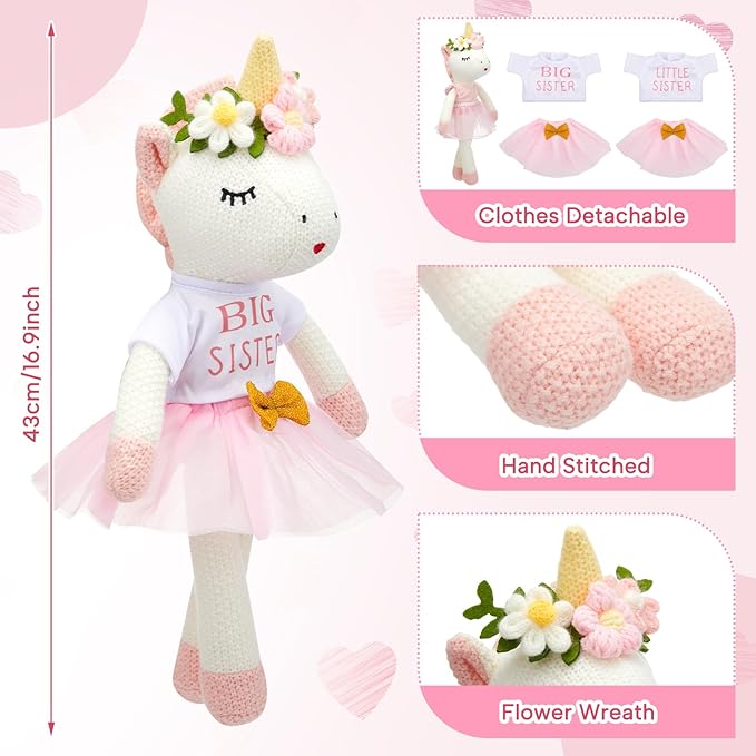 2 Pcs Big Sister Little Sister Gift for Girls 17 Inches Unicorn Stuffed Plush Doll Short Sleeve Outfits Short Sleeve T-Shirt Top and Pink Tutu Skirt Clothing Set Gifts for Toddler Kid Baby