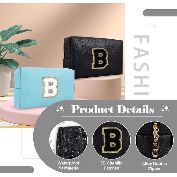 Personalized Initial A-Z Preppy Patch Makeup Bag,Small PU Chenille Letter Cosmetic Bag with Zipper for Teen Girls,Black Cute Toiletry Organizer Bag,Monogram Makeup Case Gift for Women Girls,Letter B