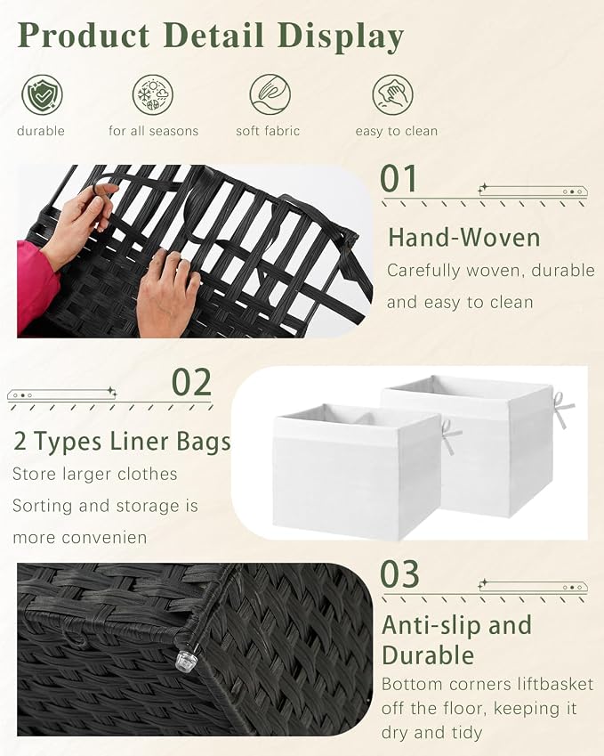 SETVSON Storage Basket with Lid PE Rattan Storage Basket 105L, Black | 27.8 Gallon Storage Bin with 2 Separate Lids, 2 Removable Liners for Clothes & Blankets, Sturdy Metal Frame, PE Rattan
