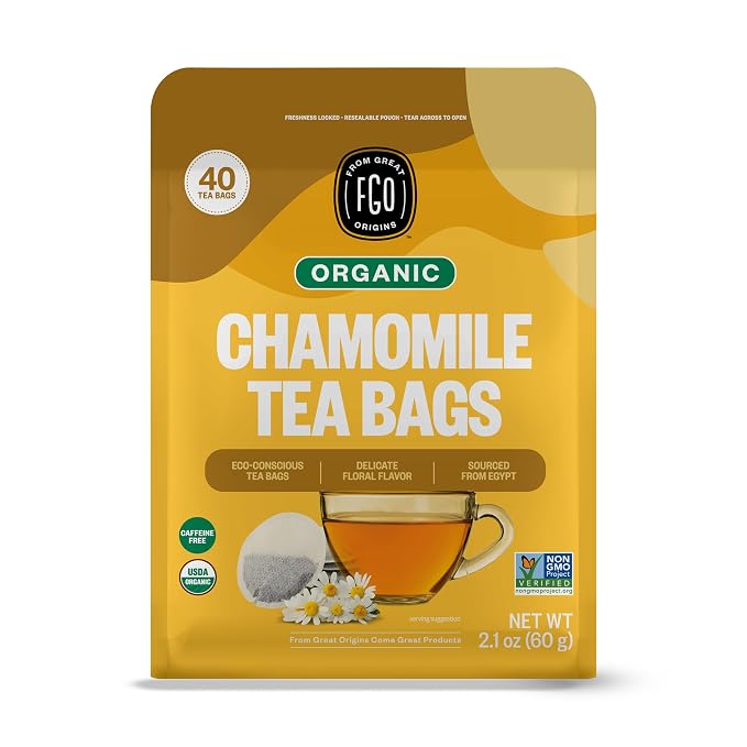 FGO Organic Chamomile Tea, 40 Count, Eco-Conscious Tea Bags, Resealable Bag (Pack of 1)